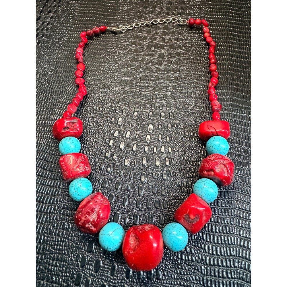 Chunky Red Coral and Turquoise Statement Necklace‎ Southwestern Boho Western 94g